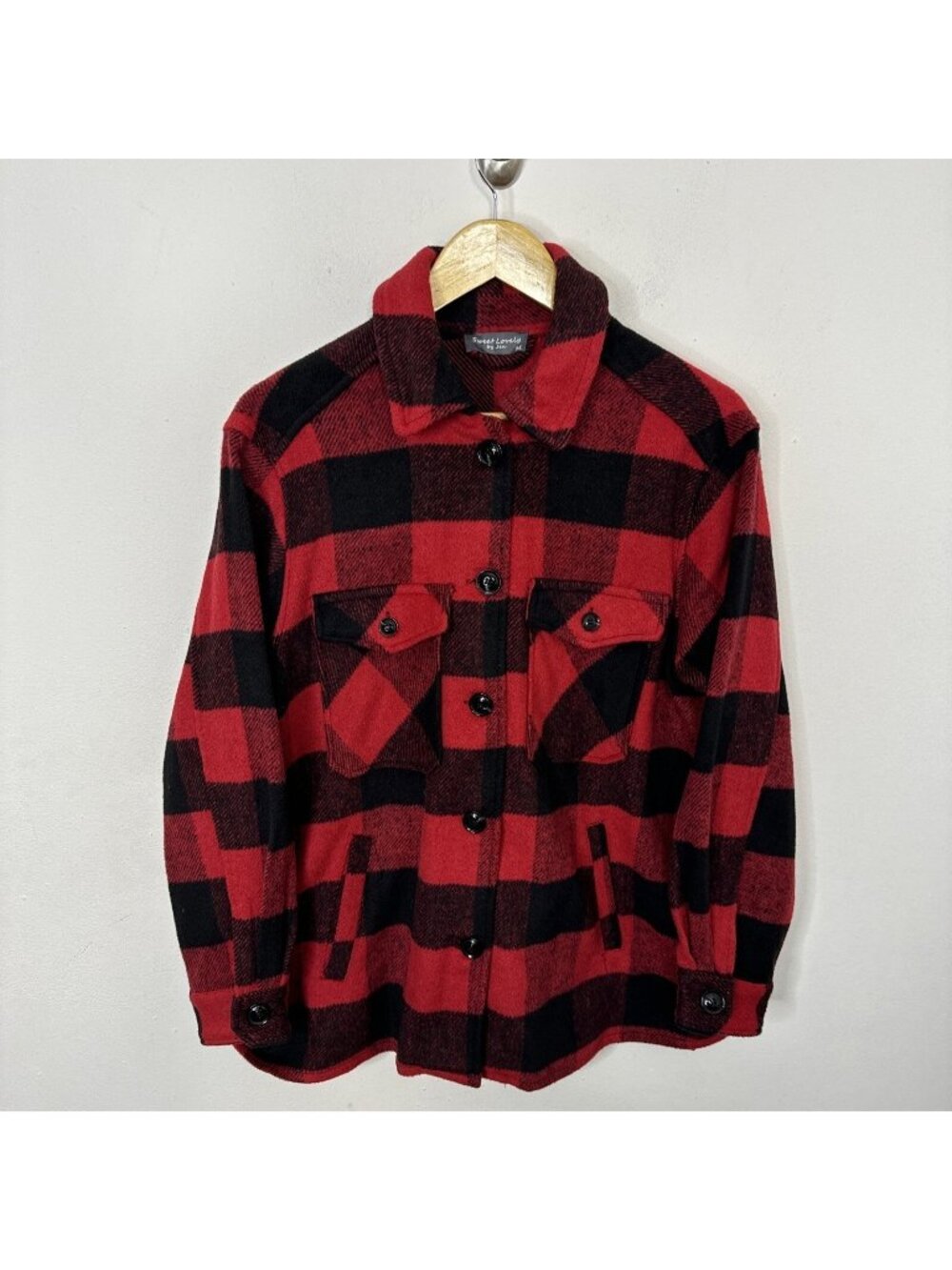 Sweet Lovely By Jen Woman M Buffalo Plaid Red Black Shacket Shirt Button